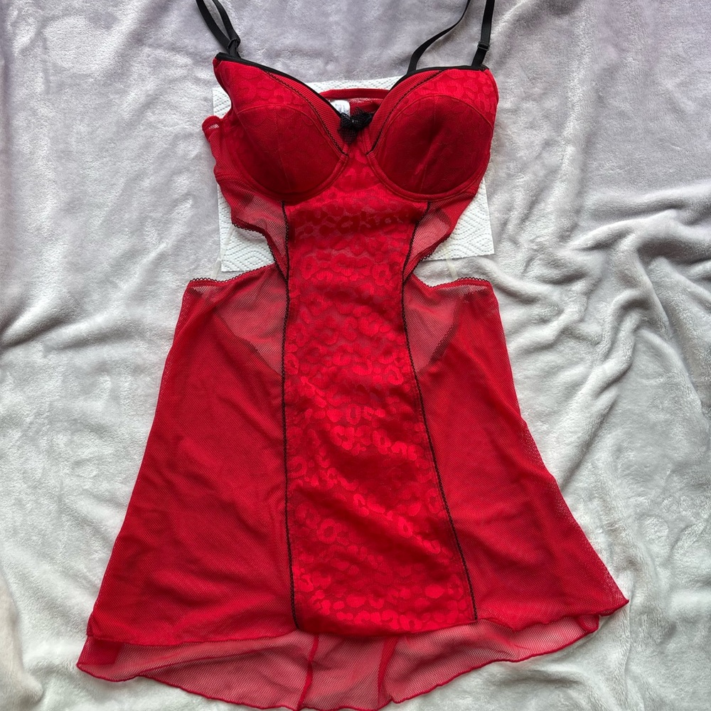 Elegant Red Lace Chemise slip dress with leopard micro mesh and black ribbon